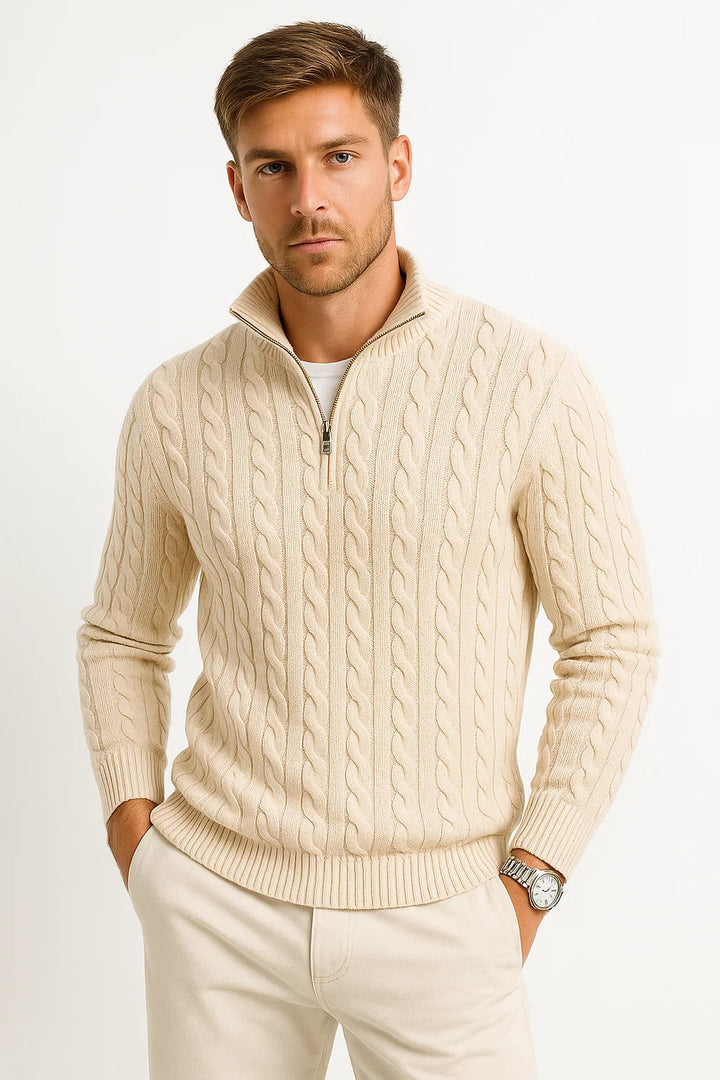 Kabelstrikket herresweater med kvartlynlås - Edmond