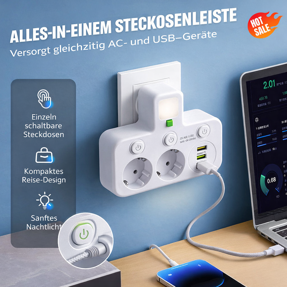 Stikdåse med USB og afbrydere | Flerstikdåse-overspændingsbeskyttelse 2500 W