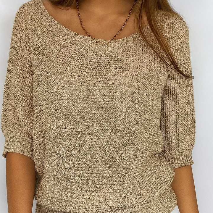 Khaki Strikket Sweater med Rund Hals og Halv Ærmelængde – Afslappet Hverdagsstil