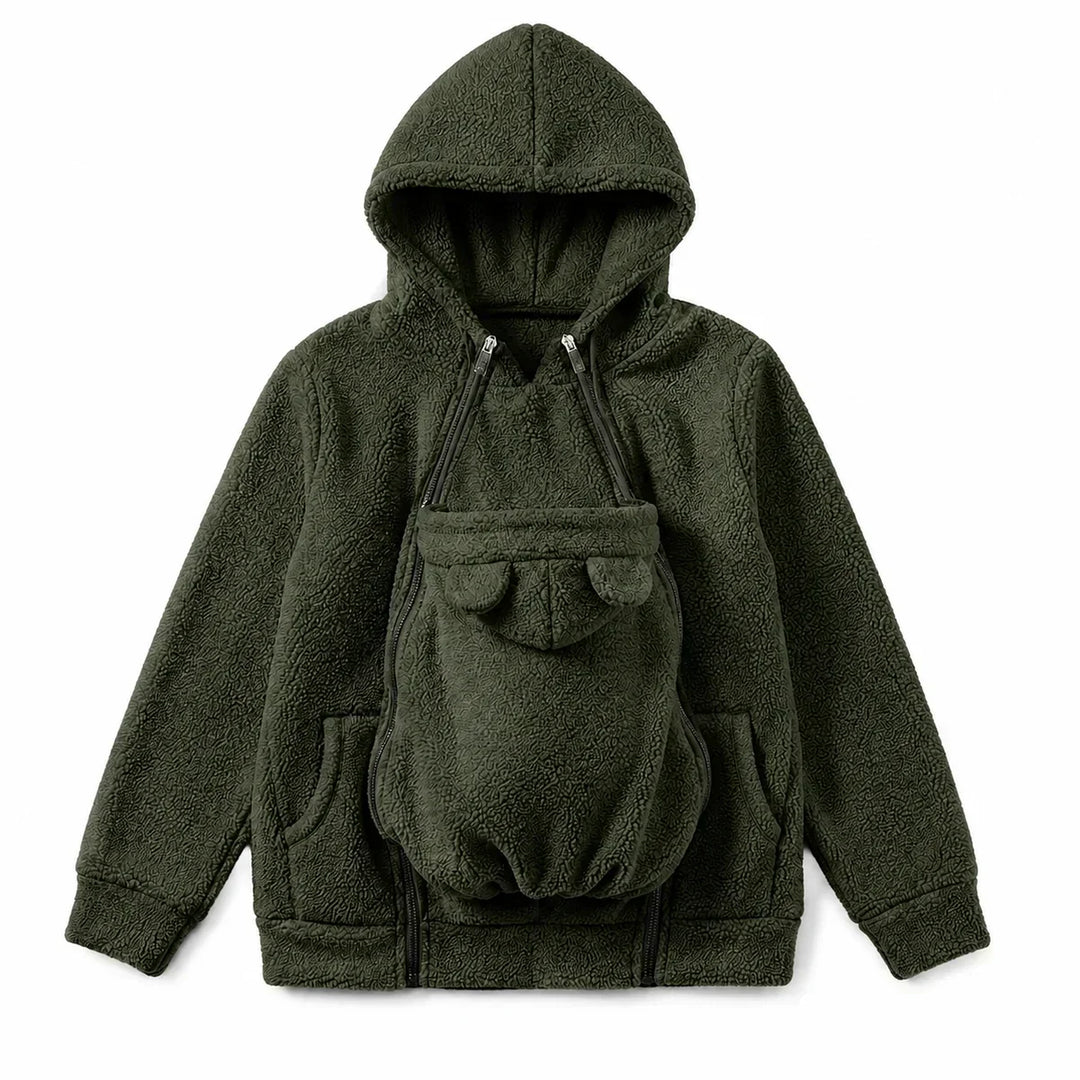 Blød fleece-hoodie til babybæring med forlomme