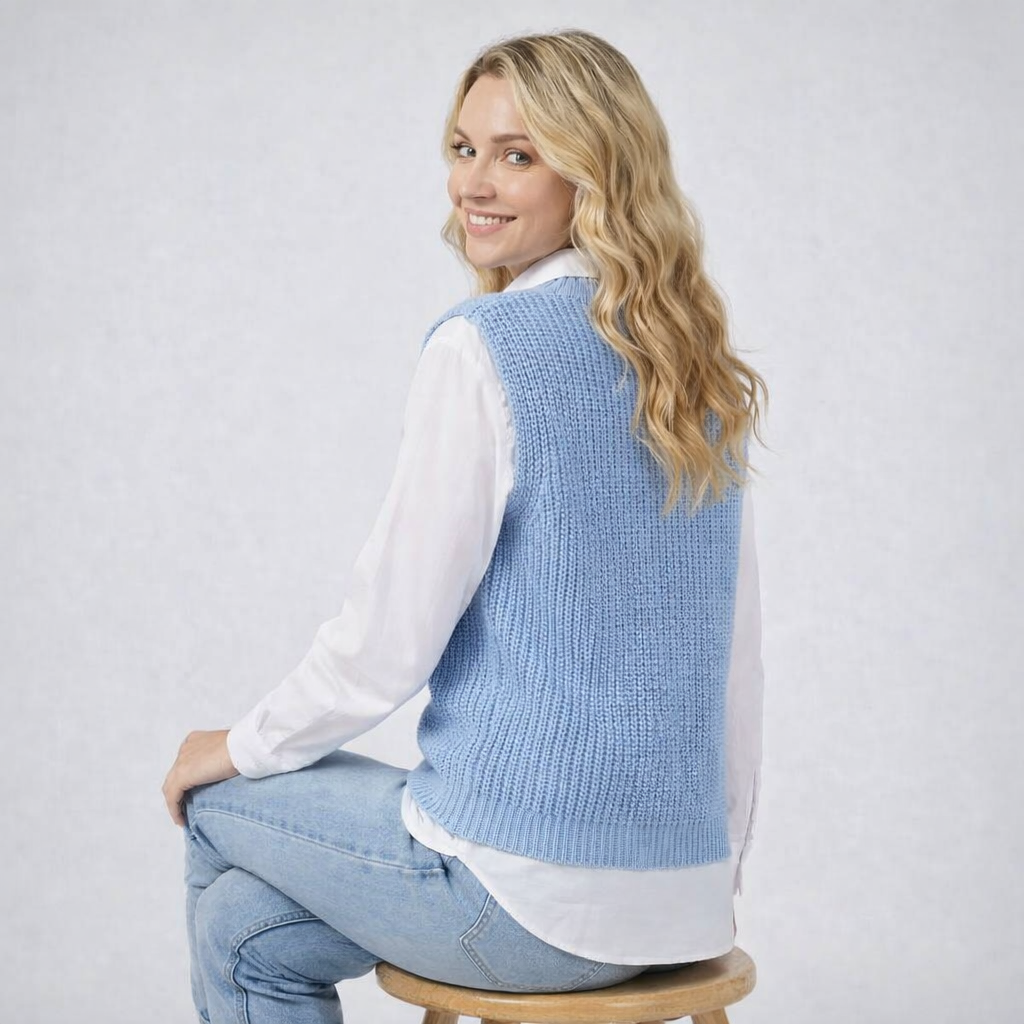 Blå ærmeløs sweater med V-hals til kvinder