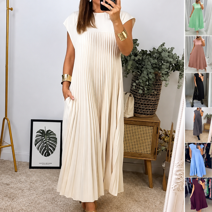 Kvinders Kort Ærmet Pleated Lang Kjole
