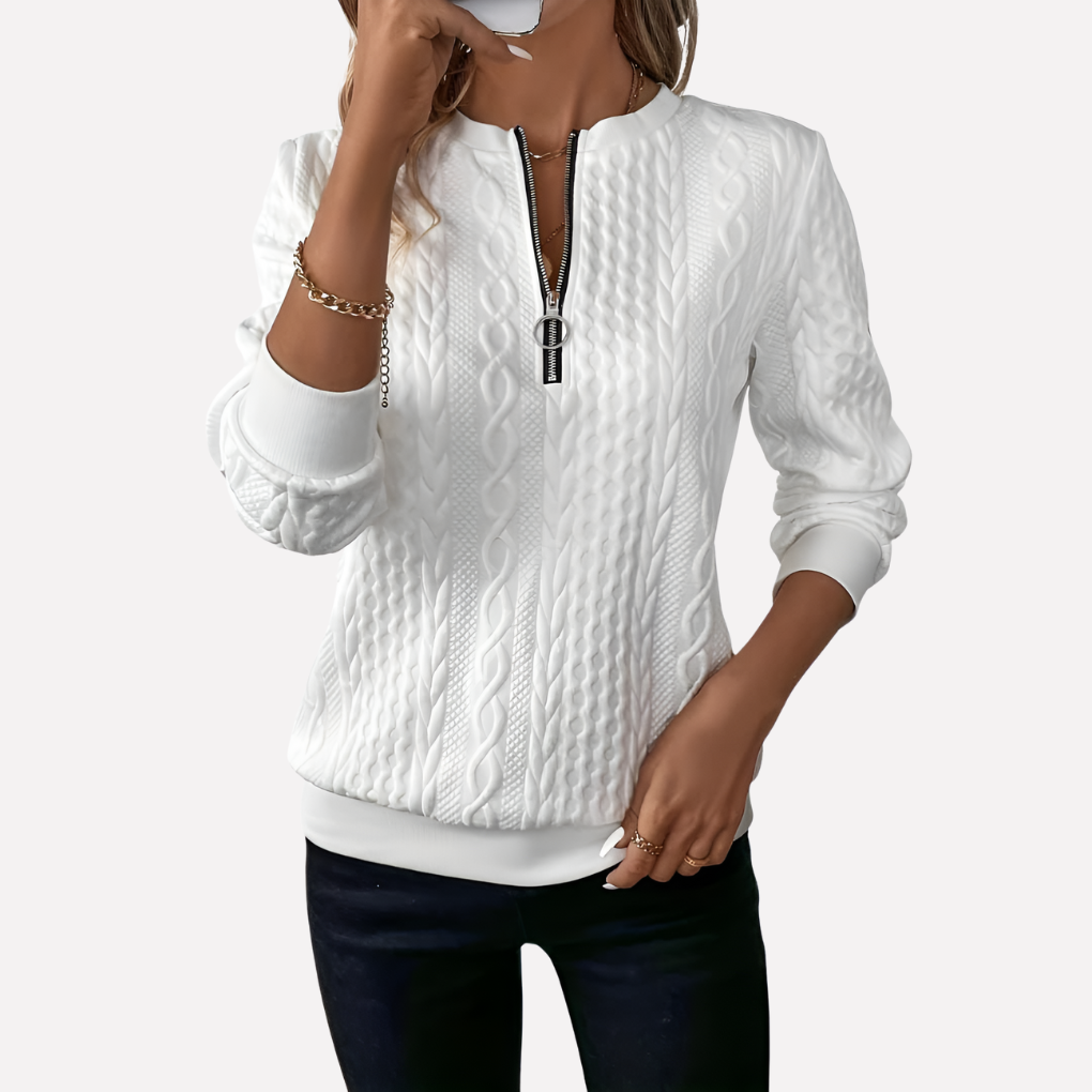 Kvinders Kabelstrik Pullover med Lynlås ved Halsen