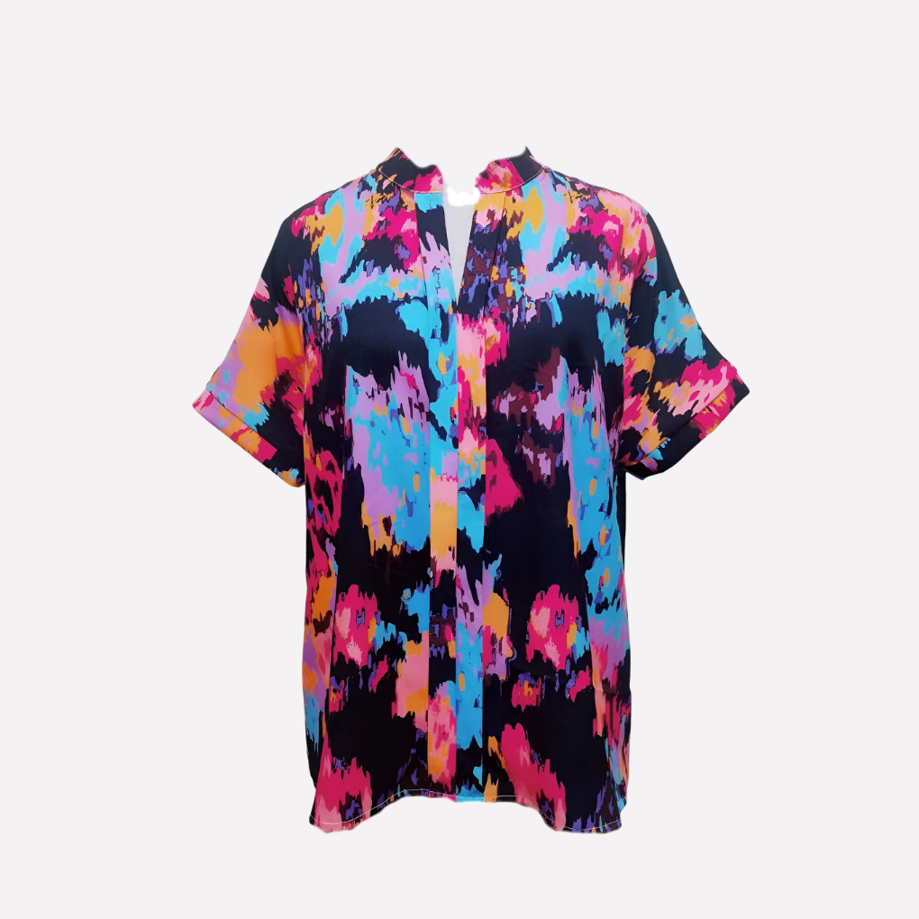 Damebluse med V-hals, paisley-print og drop-shoulder