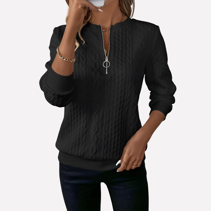 Kvinders Kabelstrik Pullover med Lynlås ved Halsen