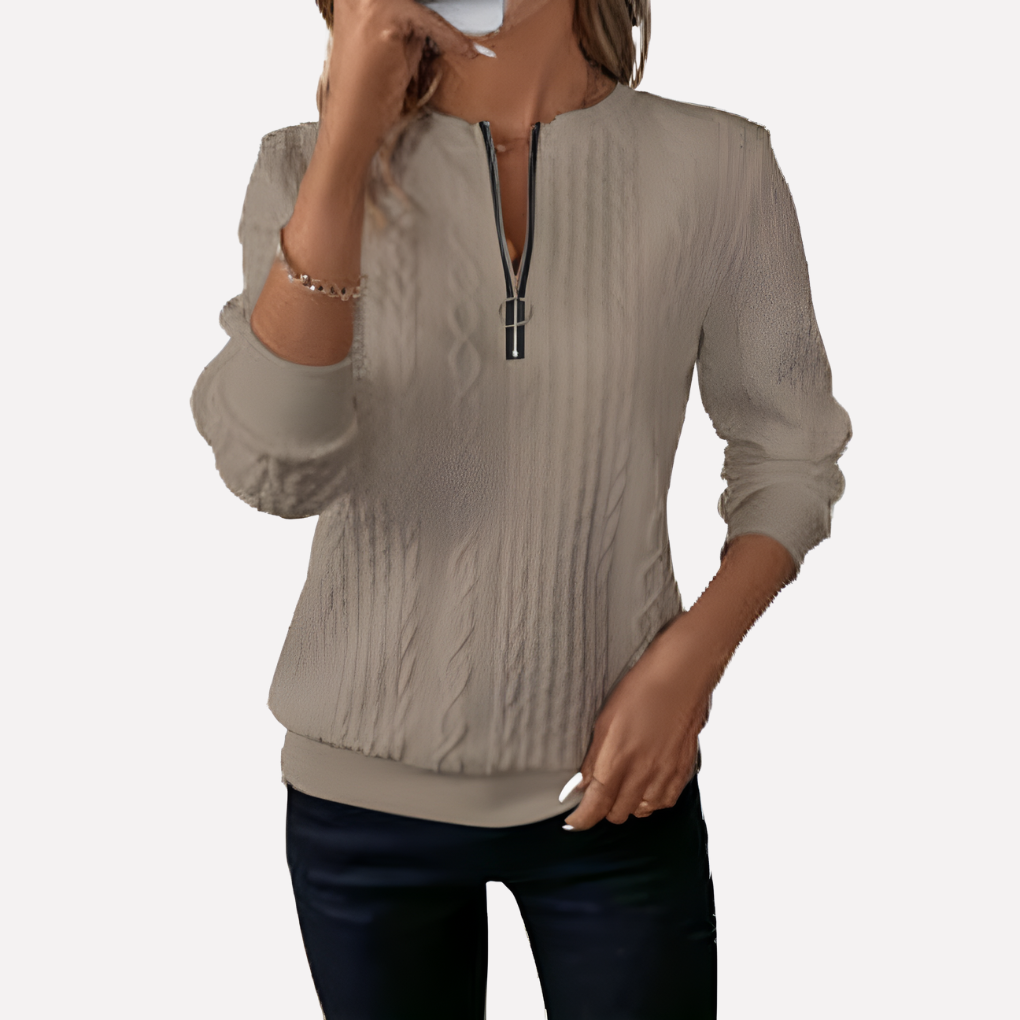 Kvinders Kabelstrik Pullover med Lynlås ved Halsen