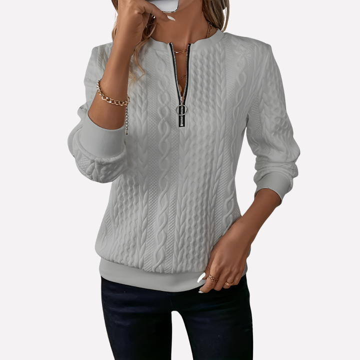 Kvinders Kabelstrik Pullover med Lynlås ved Halsen