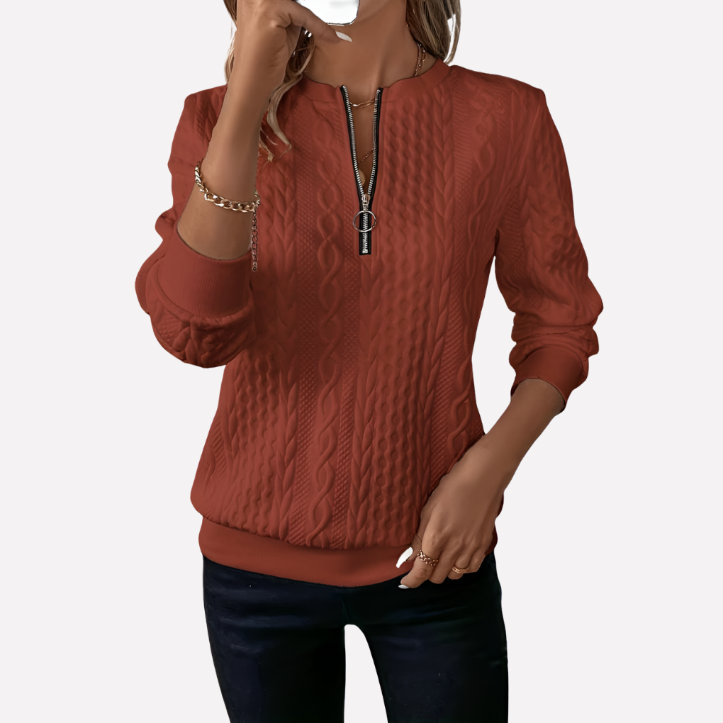 Kvinders Kabelstrik Pullover med Lynlås ved Halsen