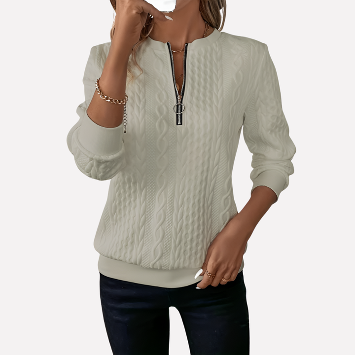 Kvinders Kabelstrik Pullover med Lynlås ved Halsen