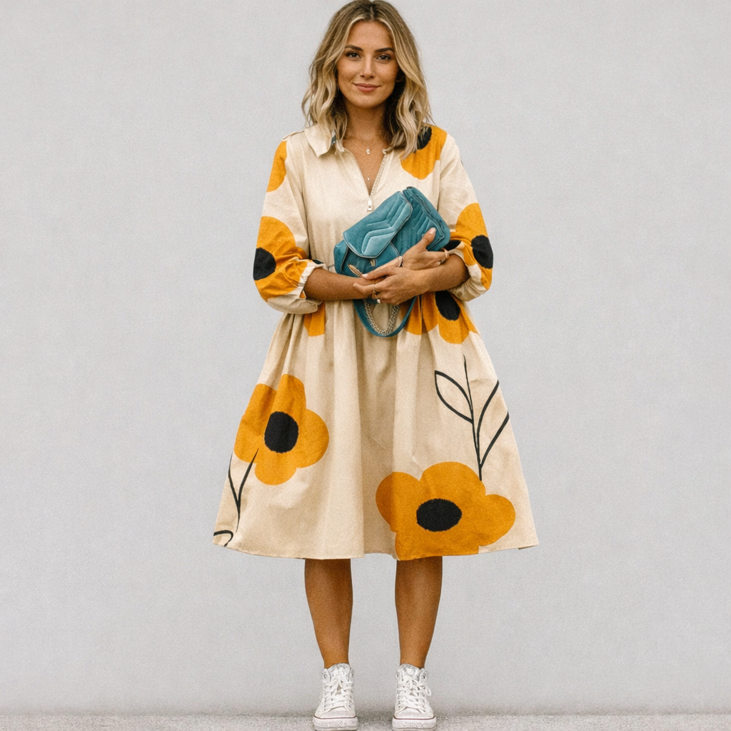 Oversized midi-skjortekjole med blomsterprint