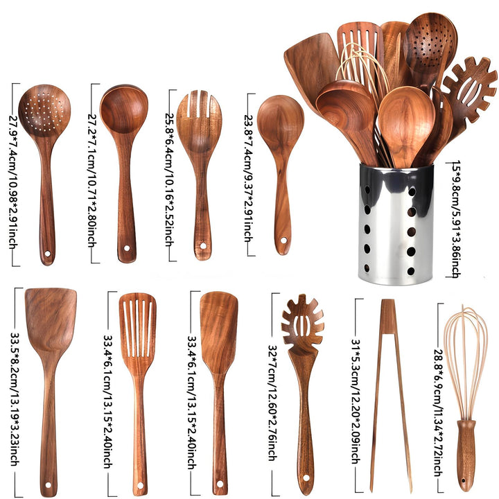 Køkkenredskabssæt i teak, 11 dele | Med holder | Naturtræ