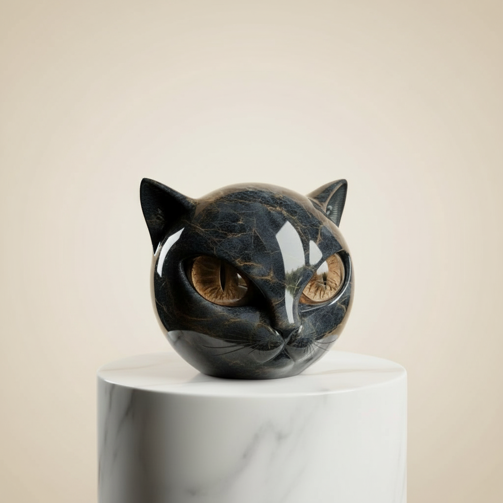 NoirCat skulptur – sort kattehoved med hypnotiske øjne