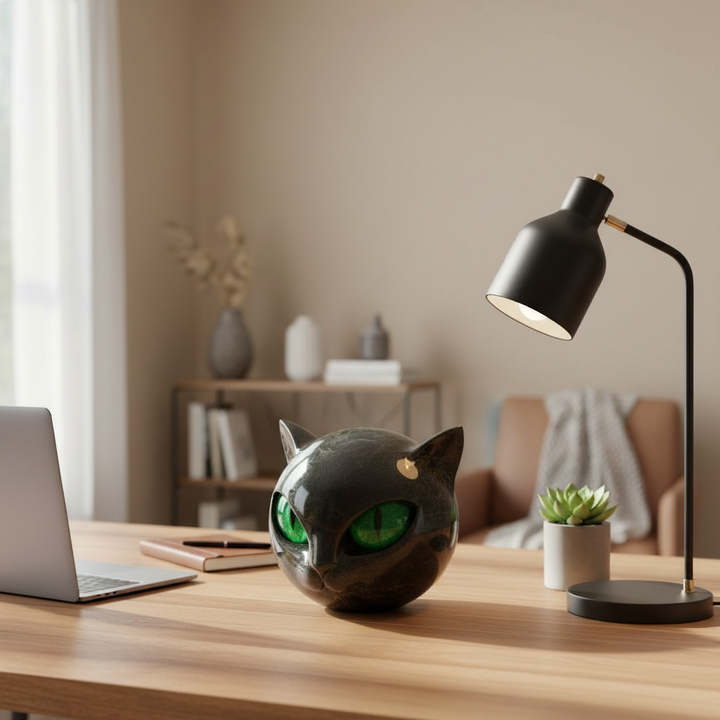 NoirCat-skulptur – Sort Kattehoved med Hypnotiske Øjne
