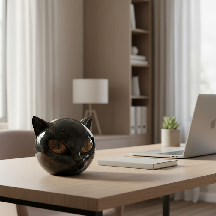 NoirCat-skulptur – Sort Kattehoved med Hypnotiske Øjne