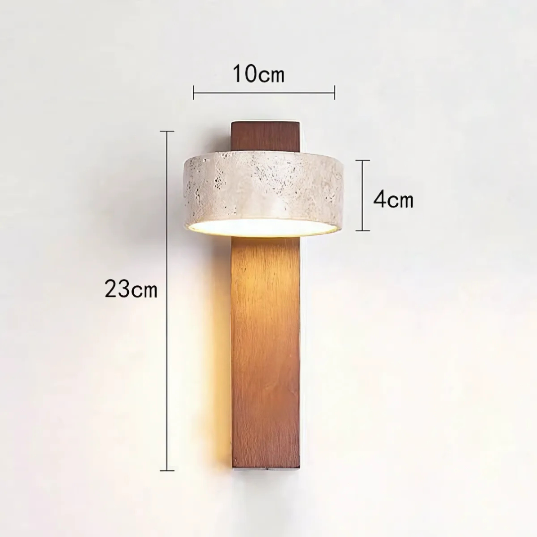 Wabi-sabi LED-væglampe i travertin og træ, 1 lyskilde