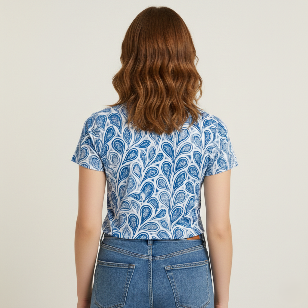 Blå T-shirt med print til kvinder med rund hals