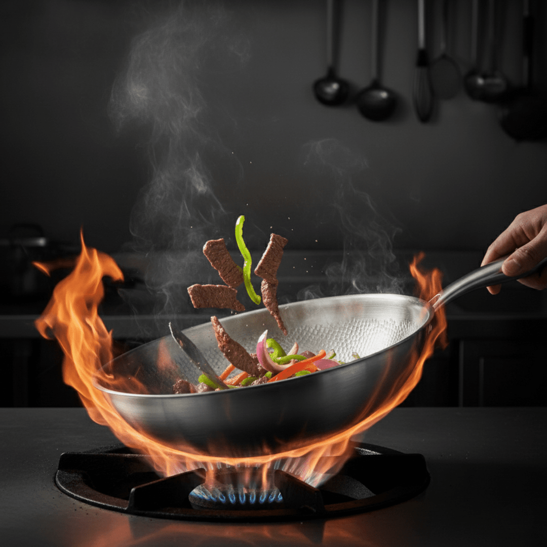 Hamret wokpande af titanium med flad bund