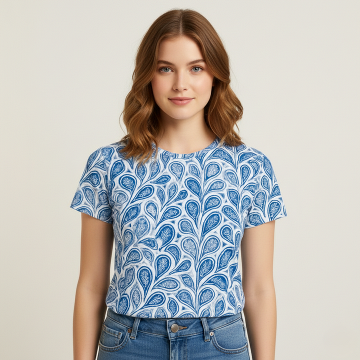Blå T-shirt med print til kvinder med rund hals
