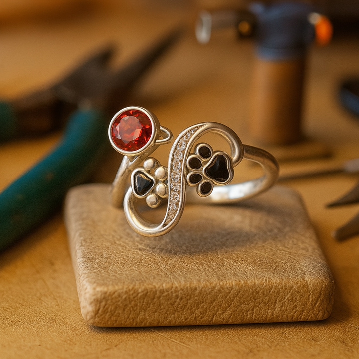 Sort Poteaftryk Justerbar Ring Med Rød Ædelsten