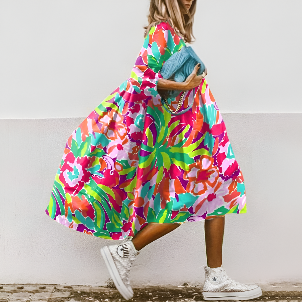 Oversized midi-skjortekjole med blomsterprint