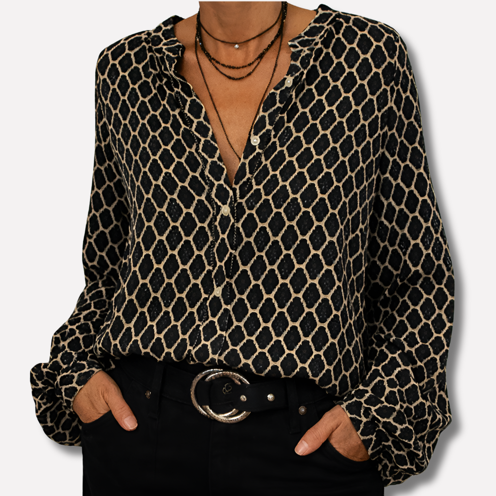 Elegant bluse med V-hals og print