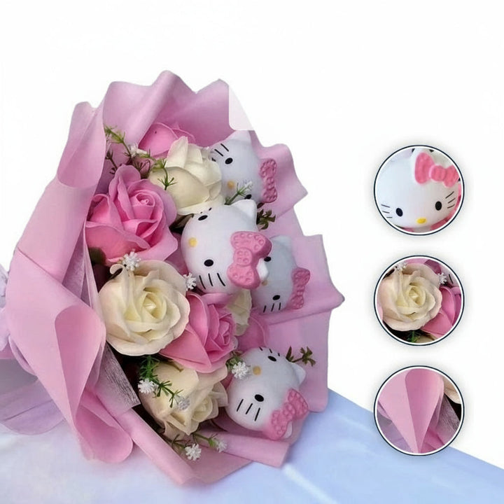 Bouquet af farverige kunstige blomster med Kitty-figurer til gaver og dekoration