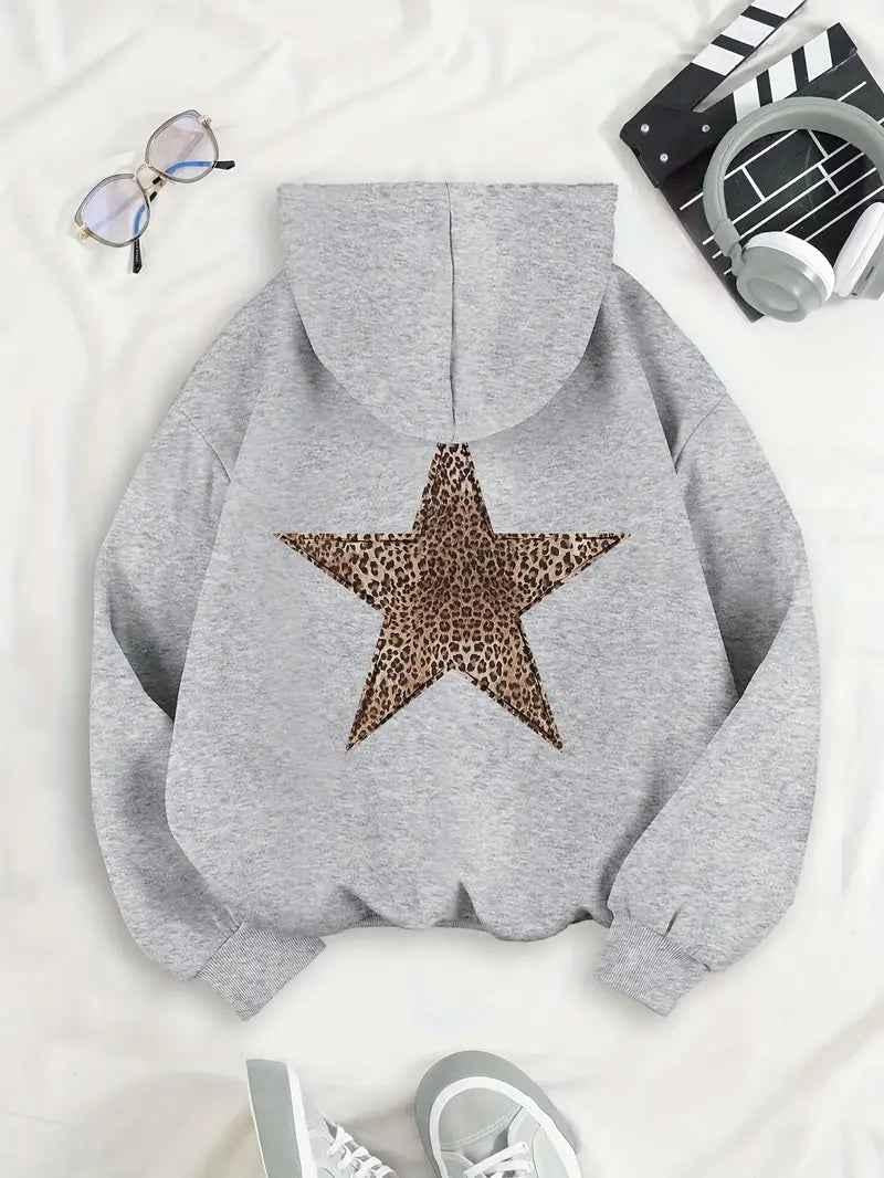 Hoodie til damer med leopard-stjerne-print på ryggen og pæn finish