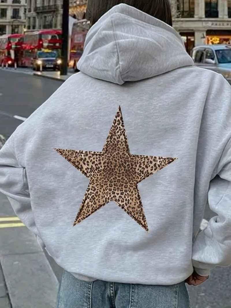 Hoodie til damer med leopard-stjerne-print på ryggen og pæn finish