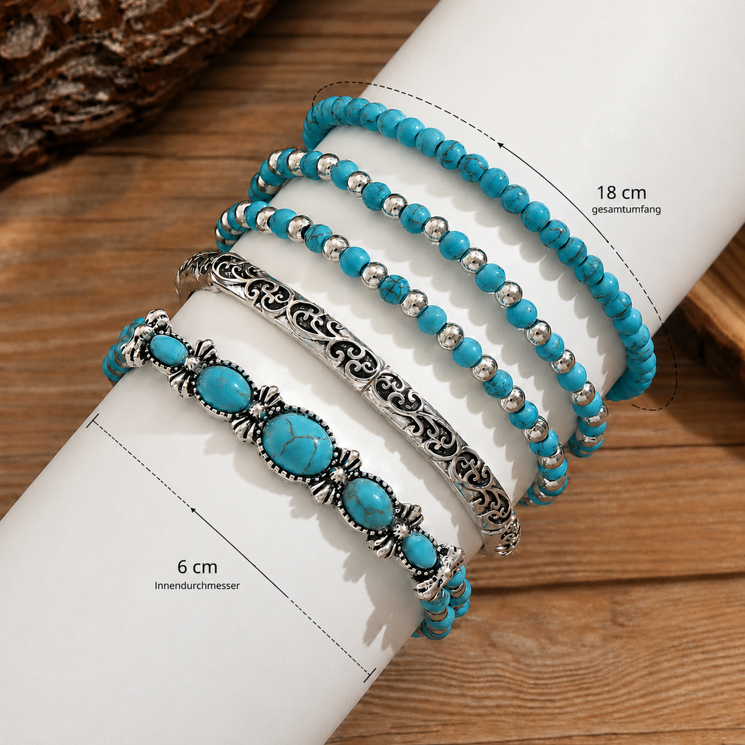 Boho-armbåndssæt – 5 dele, med turkise perler