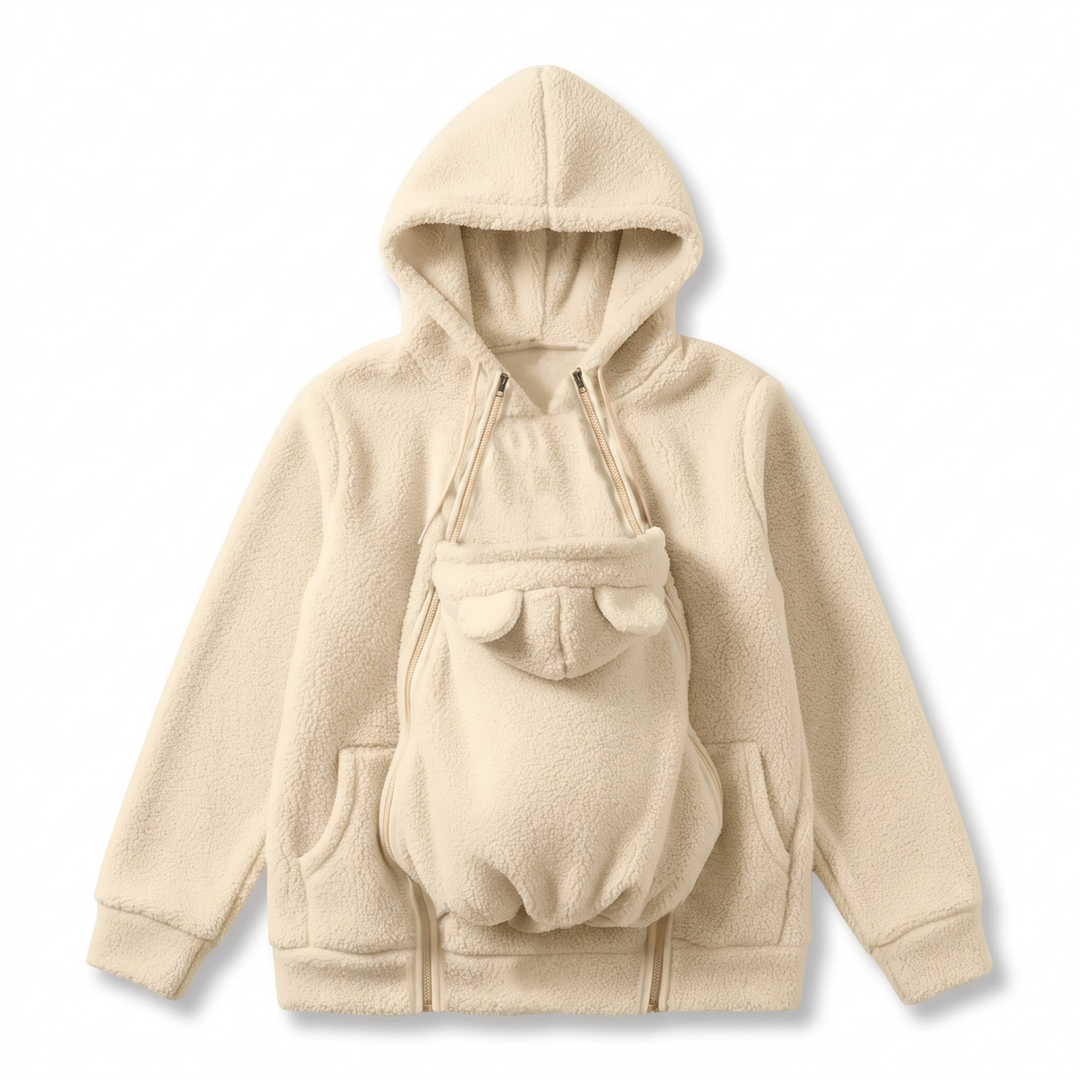 Hyggelig sherpa-fleece-hoodie med aftagelig babybæreindsats med lynlås