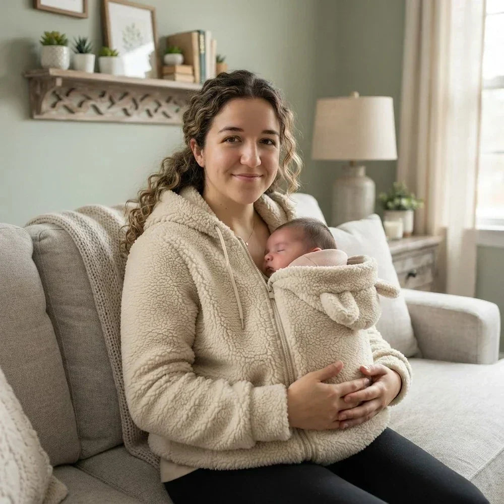 Blød fleece-hoodie til babybæring med forlomme