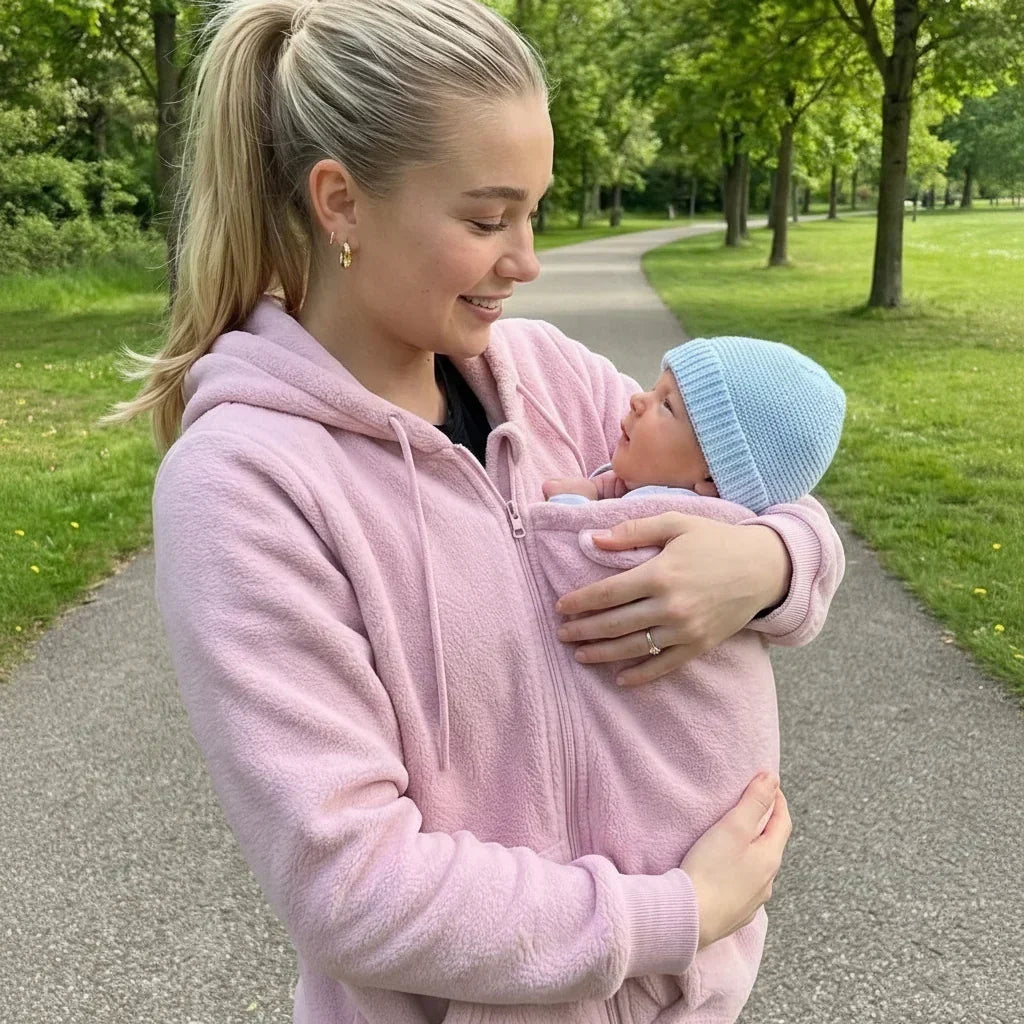 Hyggelig sherpa-fleece-hoodie med aftagelig babybæreindsats med lynlås
