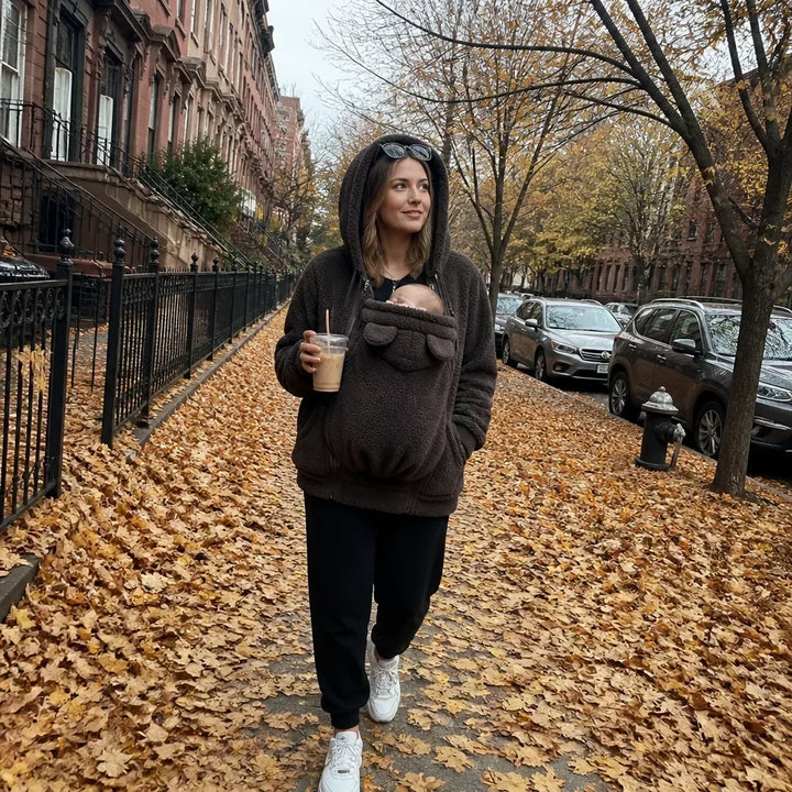 Hyggelig sherpa-fleece-hoodie med aftagelig babybæreindsats med lynlås