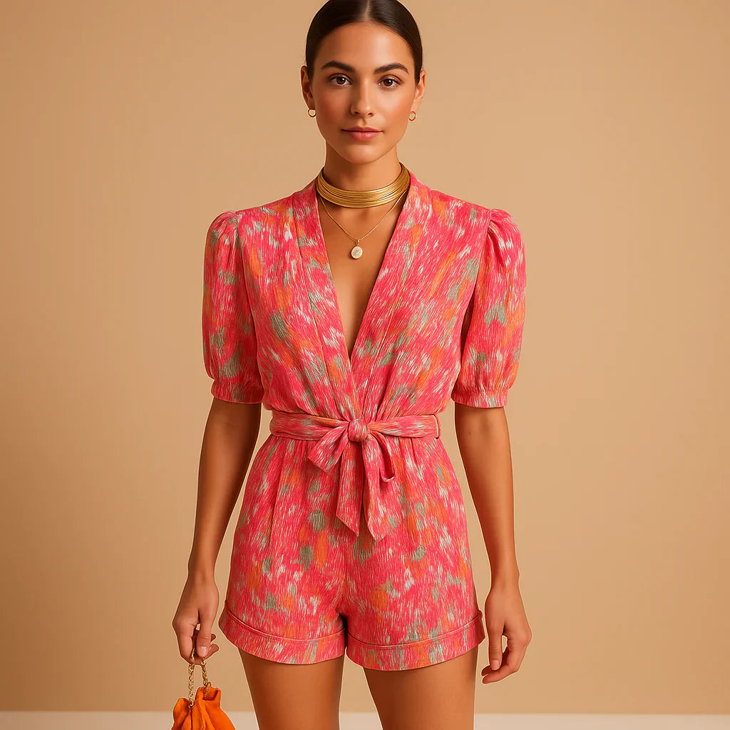 Kort Jumpsuit med Bælte og Livligt Print til Kvinder
