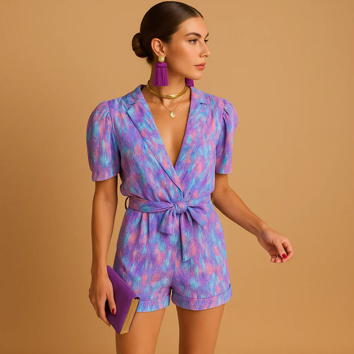 Kort Jumpsuit med Bælte og Livligt Print til Kvinder