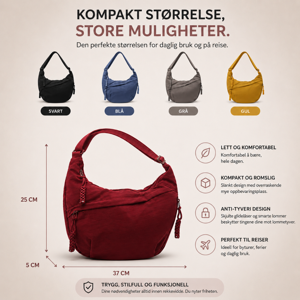 Skuldertaske - justerbar bærerem, crossbody i nylon med flere lommer