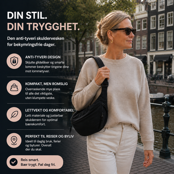 Skuldertaske - justerbar bærerem, crossbody i nylon med flere lommer