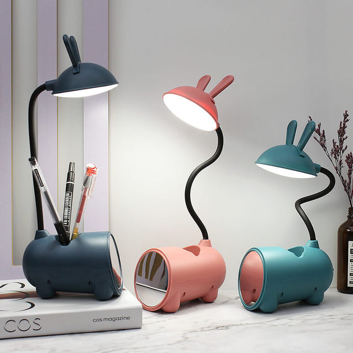 LED-skrivebordslampe med kanin og penneholder – berøringsstyring & USB-opladning til piger