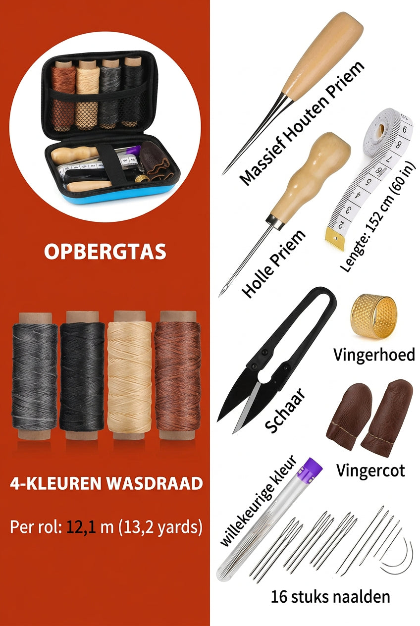 Læder-sysæt med vokset tråd og præcisionsnåle.