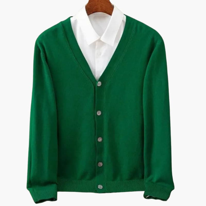 Herre V-hals knap-front cardigan – Klassisk striklag