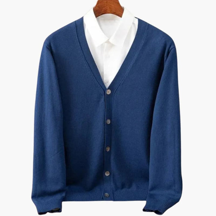 Herre V-hals knap-front cardigan – Klassisk striklag