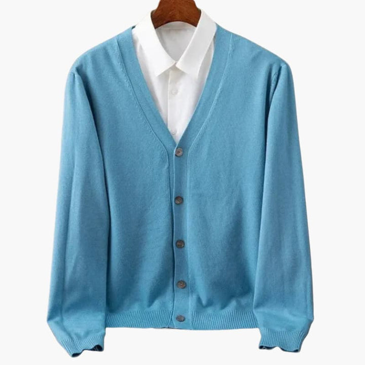 Herre V-hals knap-front cardigan – Klassisk striklag