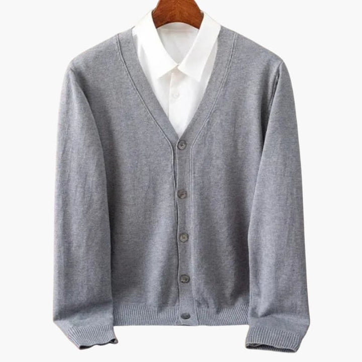 Herre V-hals knap-front cardigan – Klassisk striklag