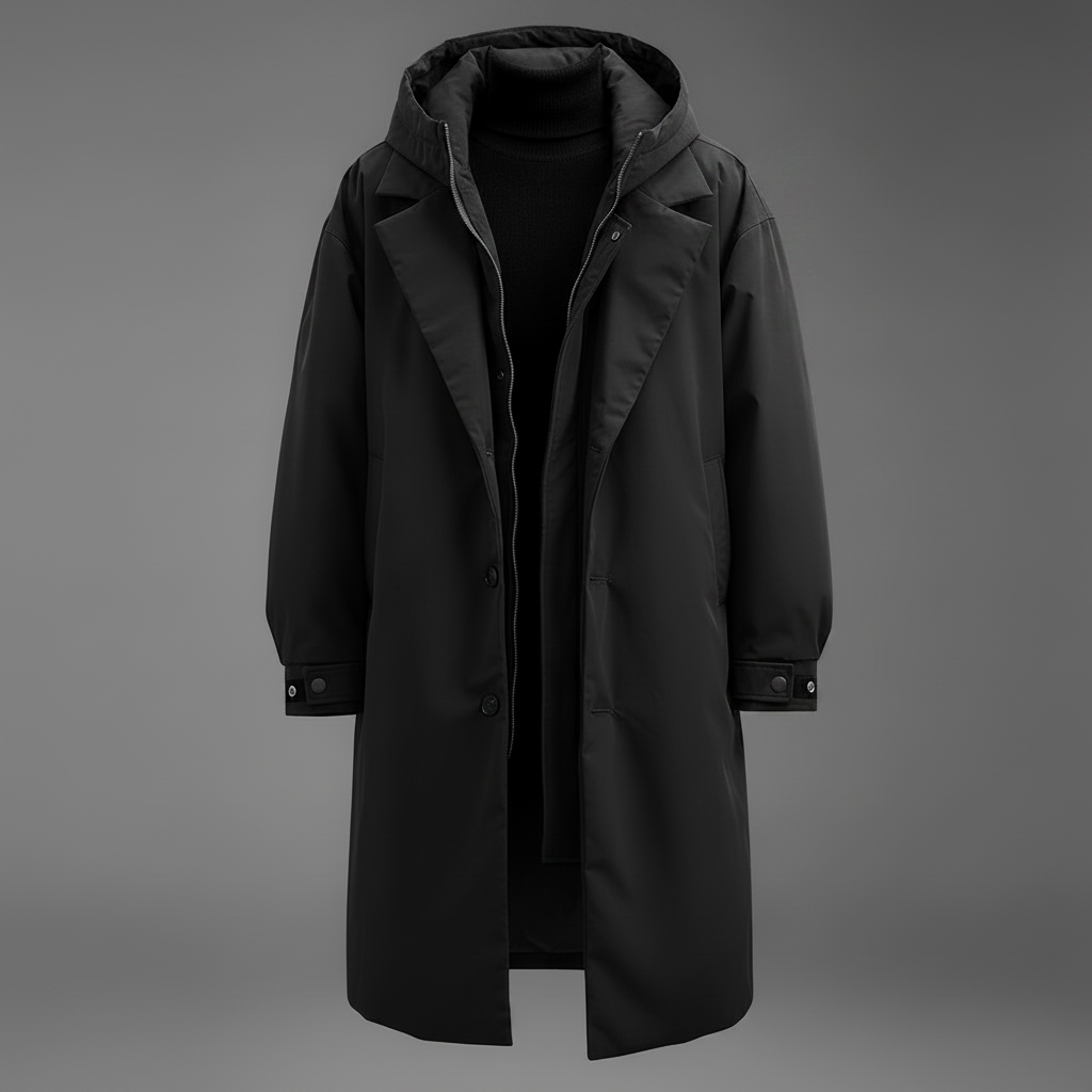 Vandtæt herre-trenchcoat med hætte, lang regnjakke til by og rejse