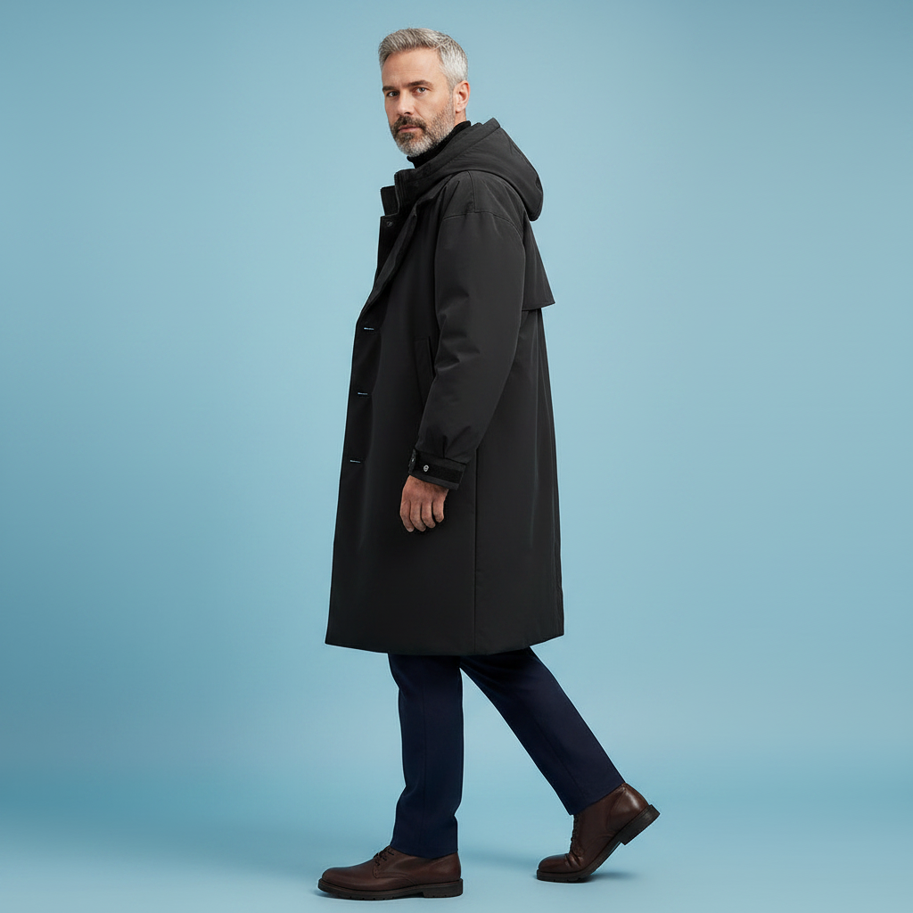 Vandtæt herre-trenchcoat med hætte, lang regnjakke til by og rejse