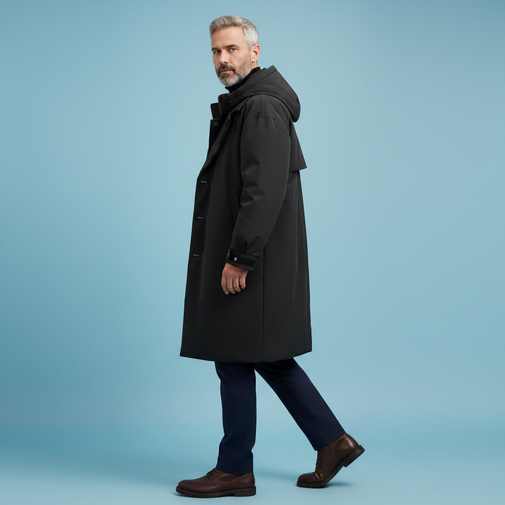 Vandtæt herre-trenchcoat med hætte, lang regnjakke til by og rejse