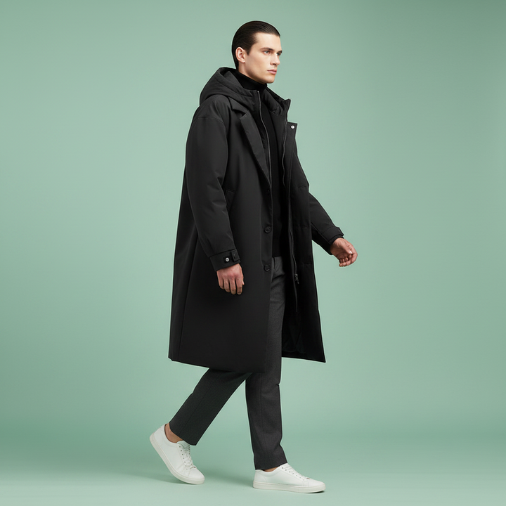 Vandtæt herre-trenchcoat med hætte, lang regnjakke til by og rejse