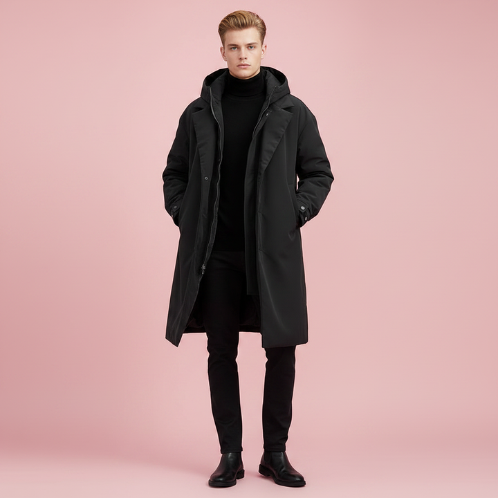 Vandtæt herre-trenchcoat med hætte, lang regnjakke til by og rejse