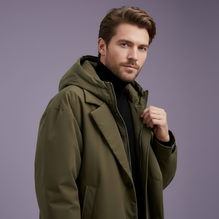 Vandtæt herre-trenchcoat med hætte, lang regnjakke til by og rejse