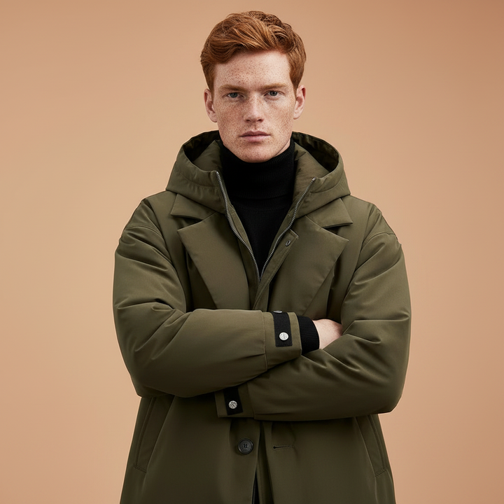Vandtæt herre-trenchcoat med hætte, lang regnjakke til by og rejse